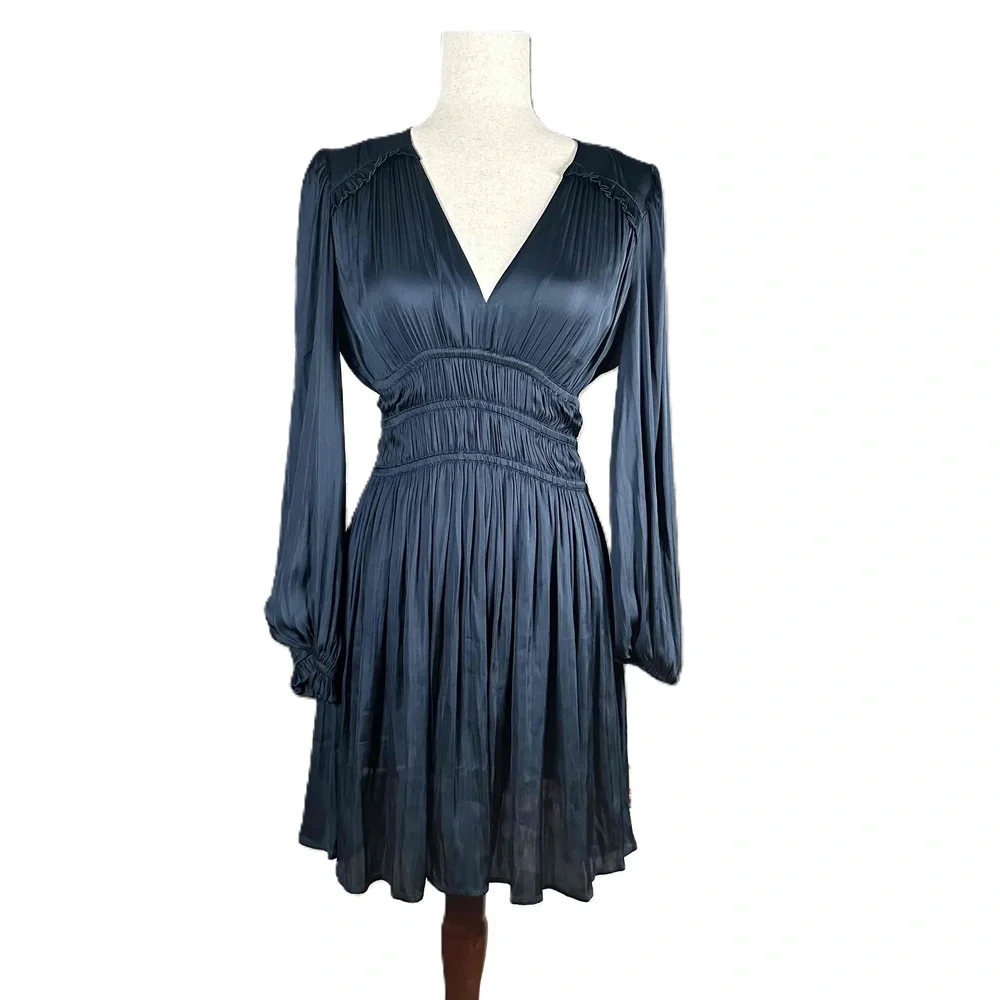 Maje Rianne Navy Satin Mini Dress Ruffled V Neck Long Sleeve Size 36 US 4 - Picture 4 of 9